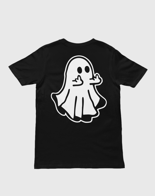 Black t-shirt with a white ghost graphic on a light gray background